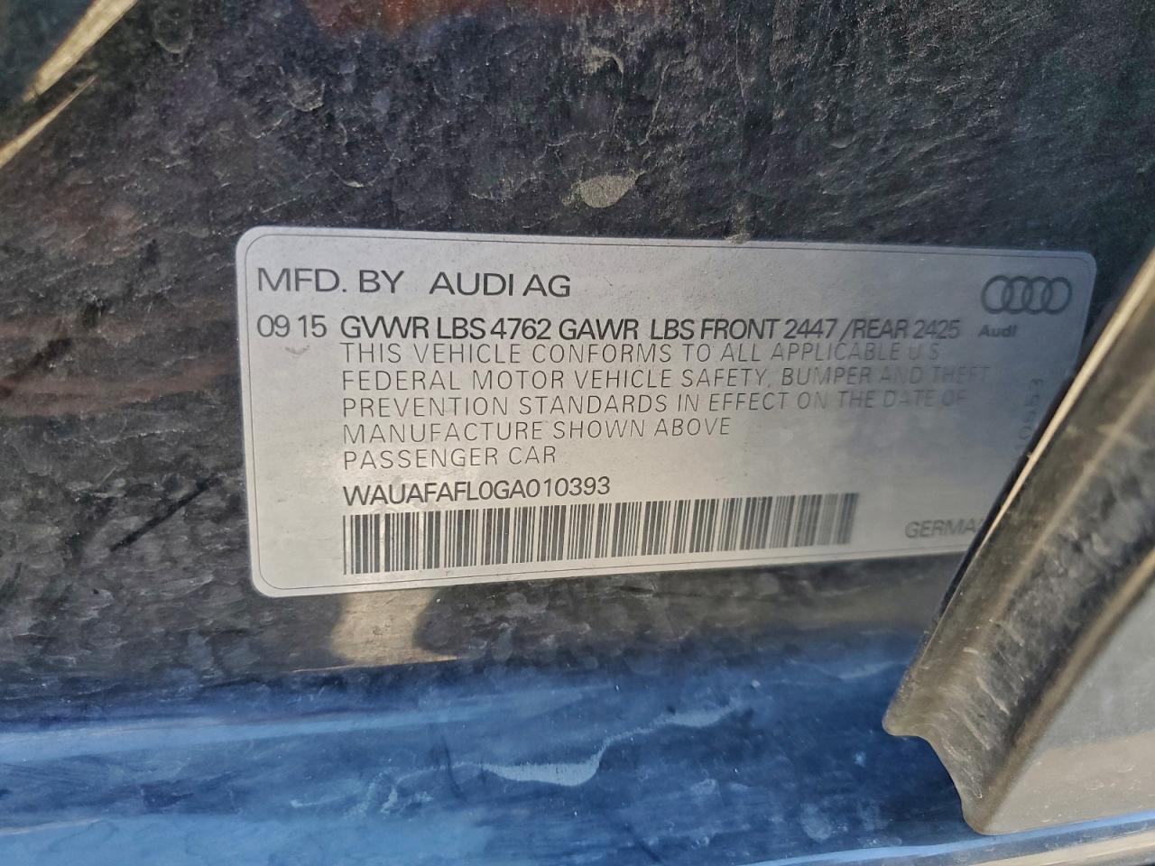 2016 Audi A4 Premium S-Line VIN: WAUAFAFL0GA010393 Lot: 94588425