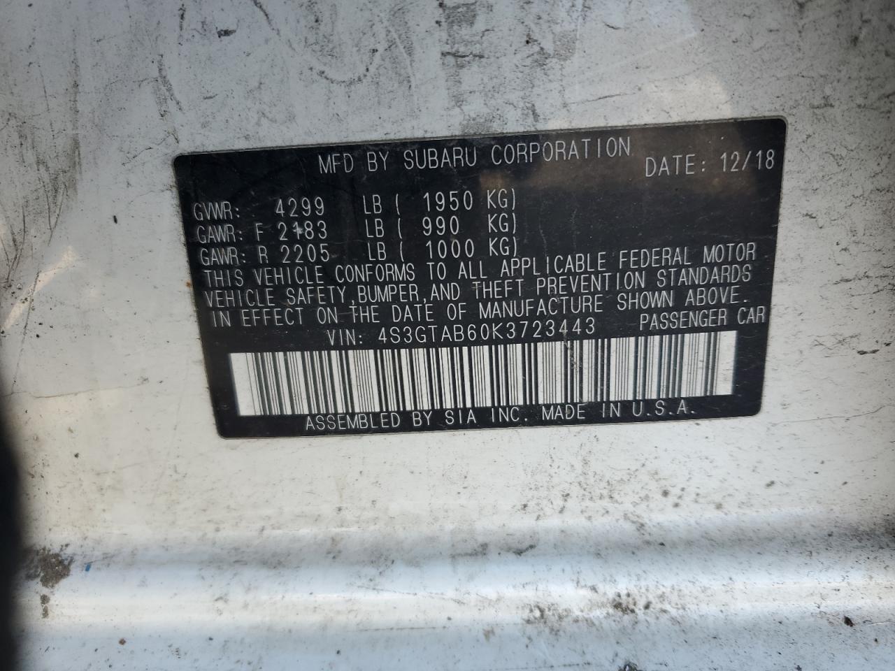 2019 Subaru Impreza VIN: 4S3GTAB60K3723443 Lot: 93181505