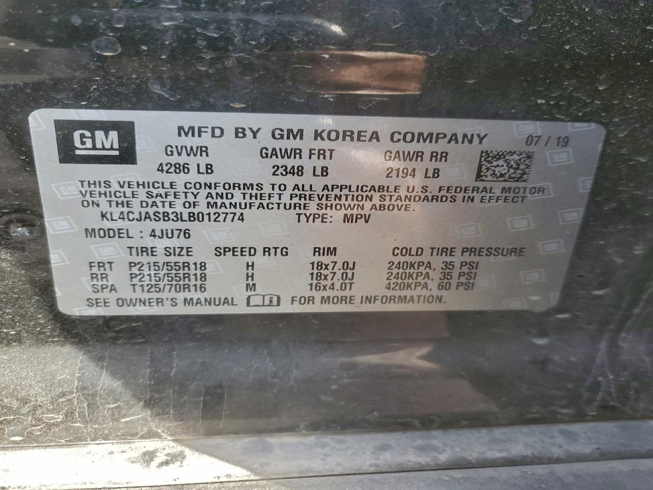 2020 Buick Encore Pre VIN: 012774 Lot: 94883205