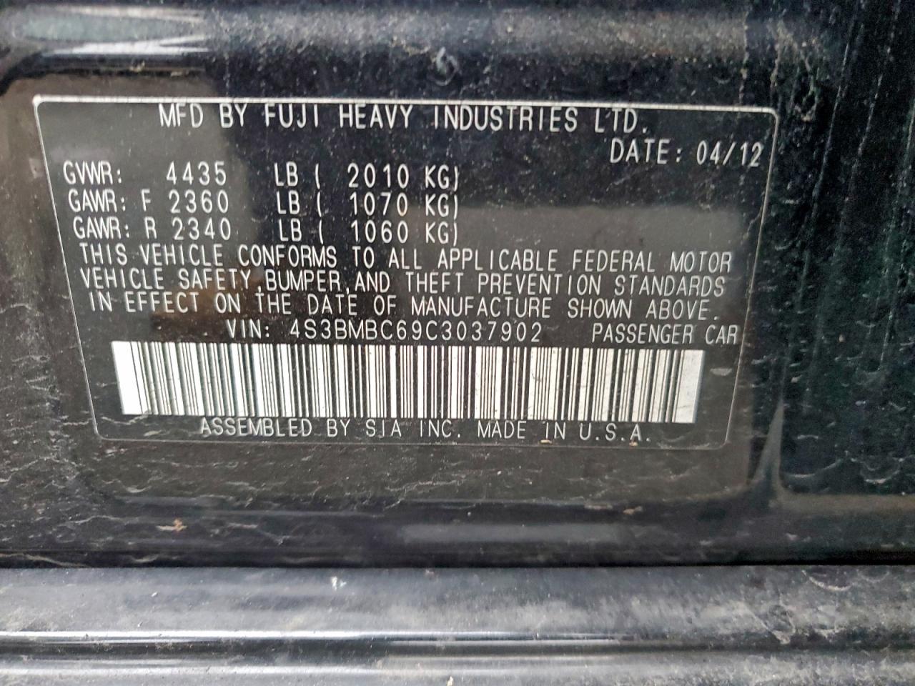 2012 Subaru Legacy 2.5I Premium VIN: 4S3BMBC69C3037902 Lot: 94109925