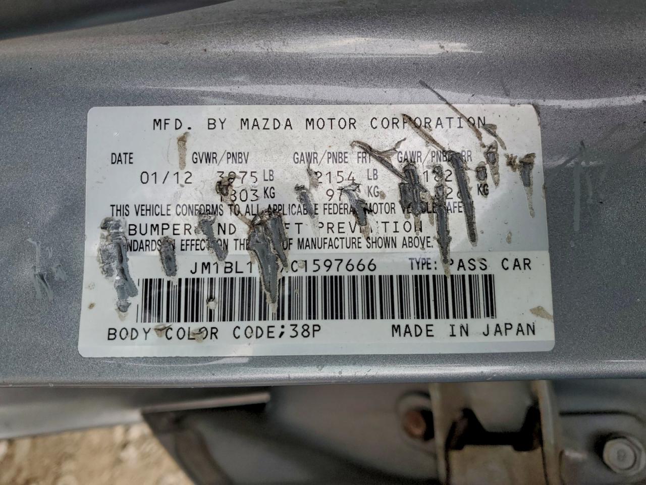 2012 Mazda 3 I VIN: JM1BL1W7XC1597666 Lot: 93855465