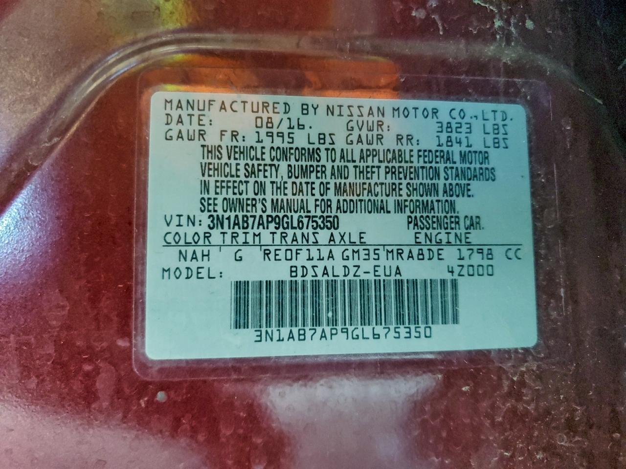 2016 Nissan Sentra S VIN: 3N1AB7AP9GL675350 Lot: 94284945