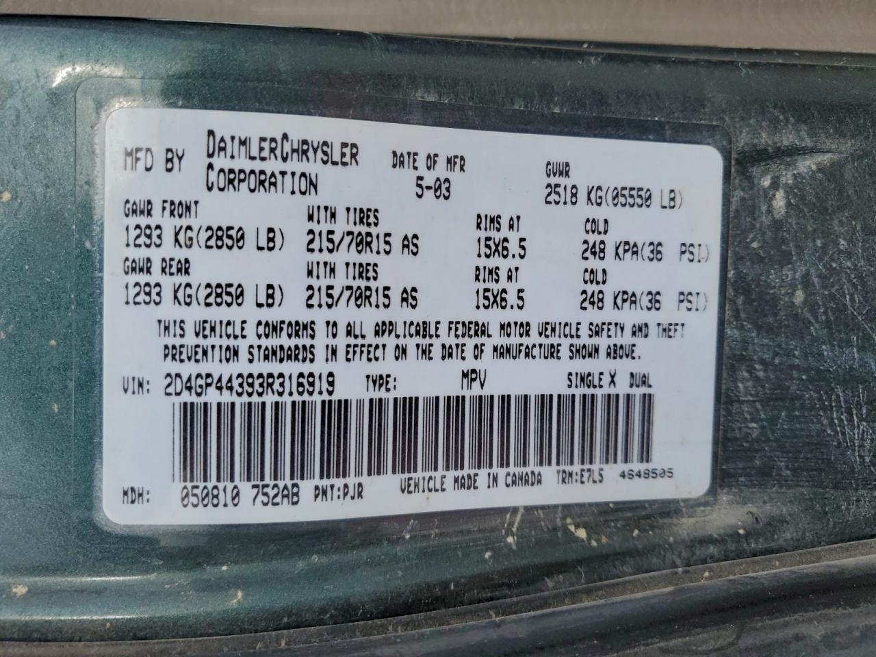 2003 Dodge Grand Caravan Sport VIN: 2D4GP44393R316919 Lot: 93529765