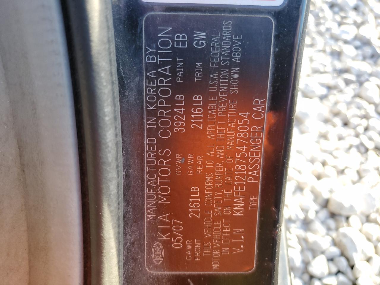 2007 Kia Spectra Ex VIN: KNAFE121875478054 Lot: 92496225