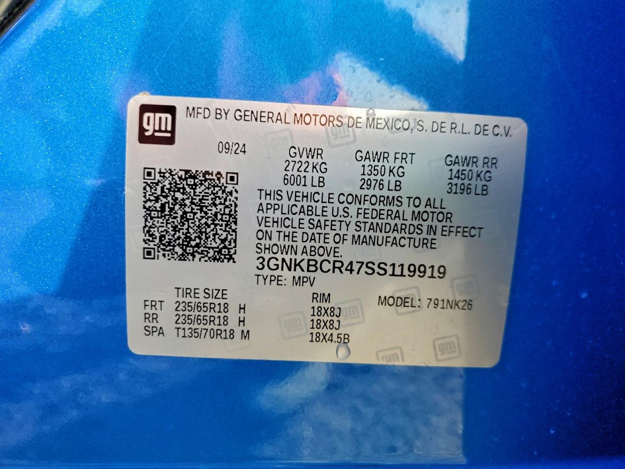 2025 Chevrolet Blazer 2Lt VIN: 3GNKBCR47SS119919 Lot: 94427955