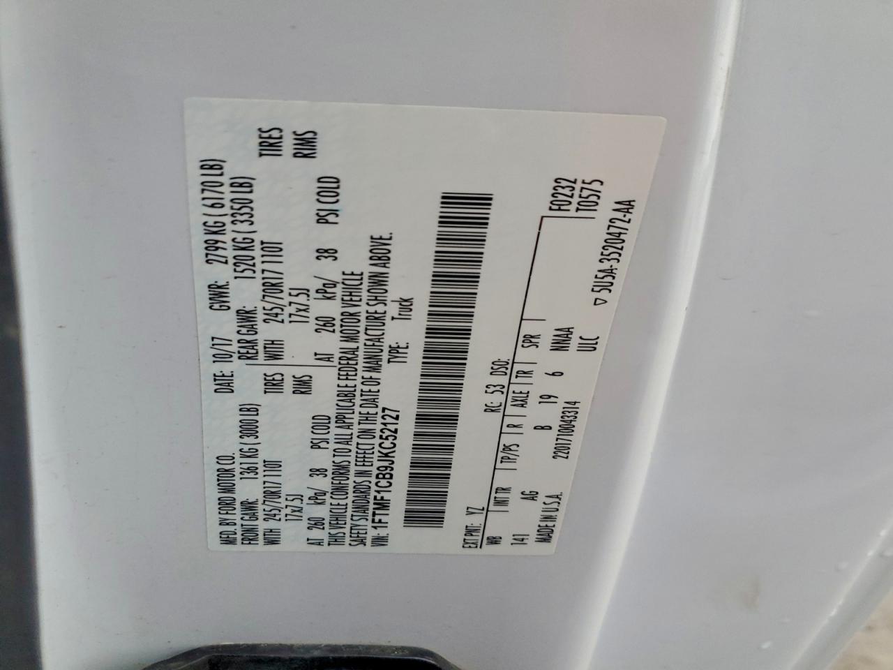 2018 Ford F150 VIN: 1FTMF1CB9JKC52127 Lot: 93770535