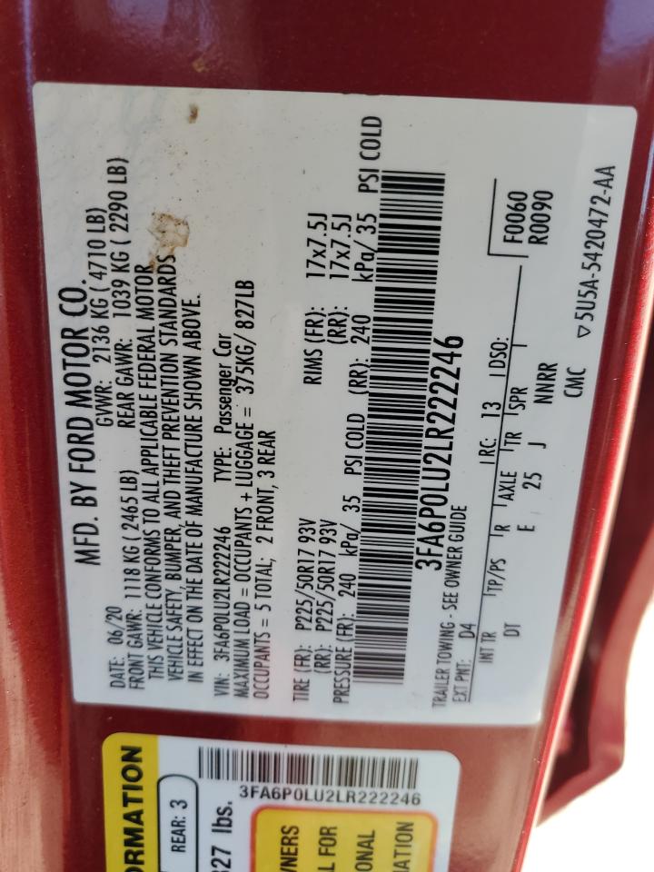 2020 Ford Fusion Se VIN: 3FA6P0LU2LR222246 Lot: 93296905