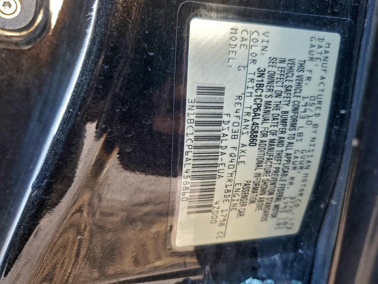 2010 Nissan Versa S VIN: 3N1BC1CP6AL458860 Lot: 93346985