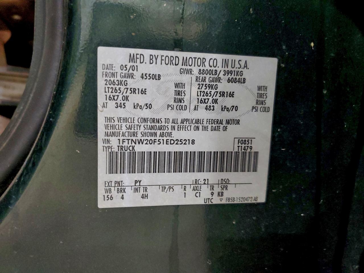 2001 Ford F250 Super Duty VIN: 1FTNW20F51ED25218 Lot: 92453175