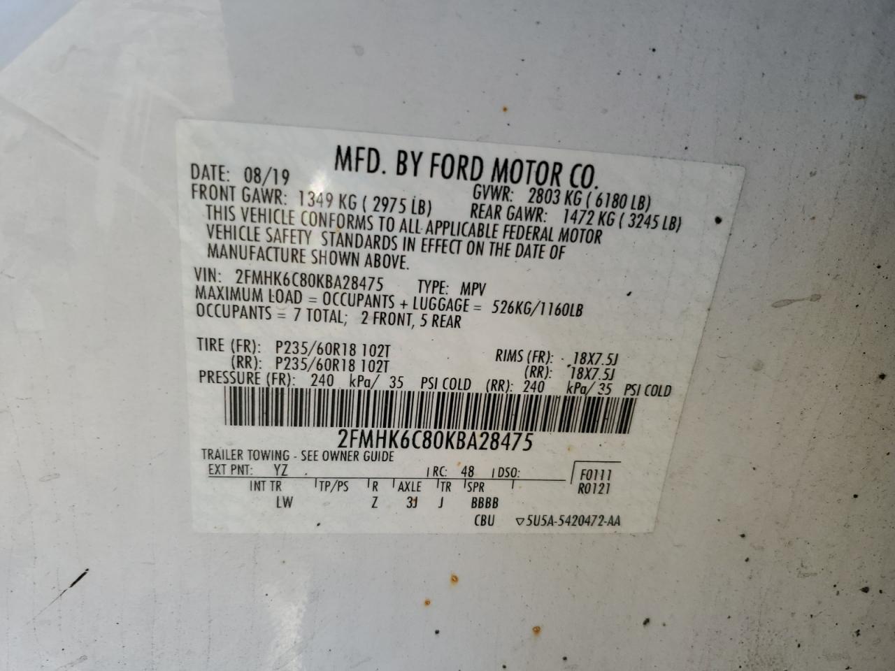 2019 Ford Flex Sel VIN: 2FMHK6C80KBA28475 Lot: 93201475