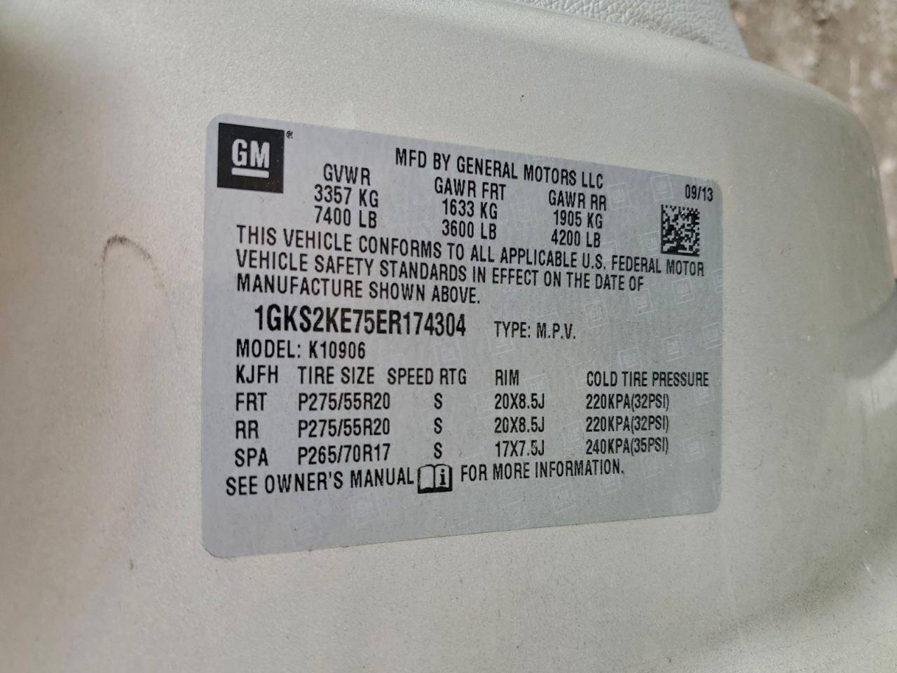 2014 GMC Yukon Xl K1500 Slt VIN: 1GKS2KE75ER174304 Lot: 93471905