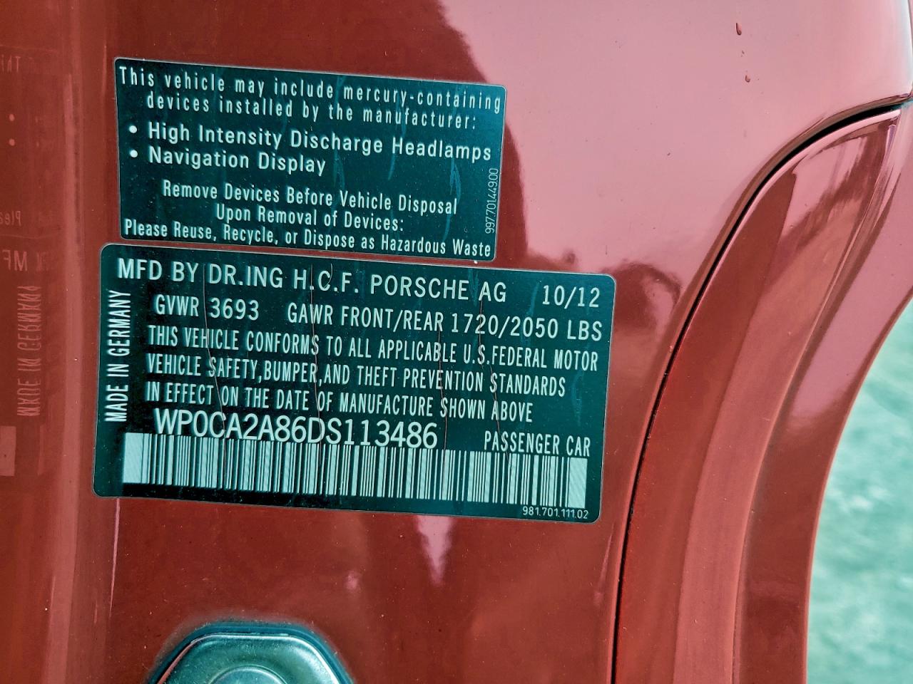 2013 Porsche Boxster VIN: WP0CA2A86DS113486 Lot: 92054195