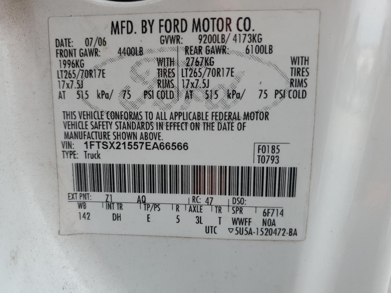 2007 Ford F250 Super Duty VIN: 1FTSX21557EA66566 Lot: 92675875