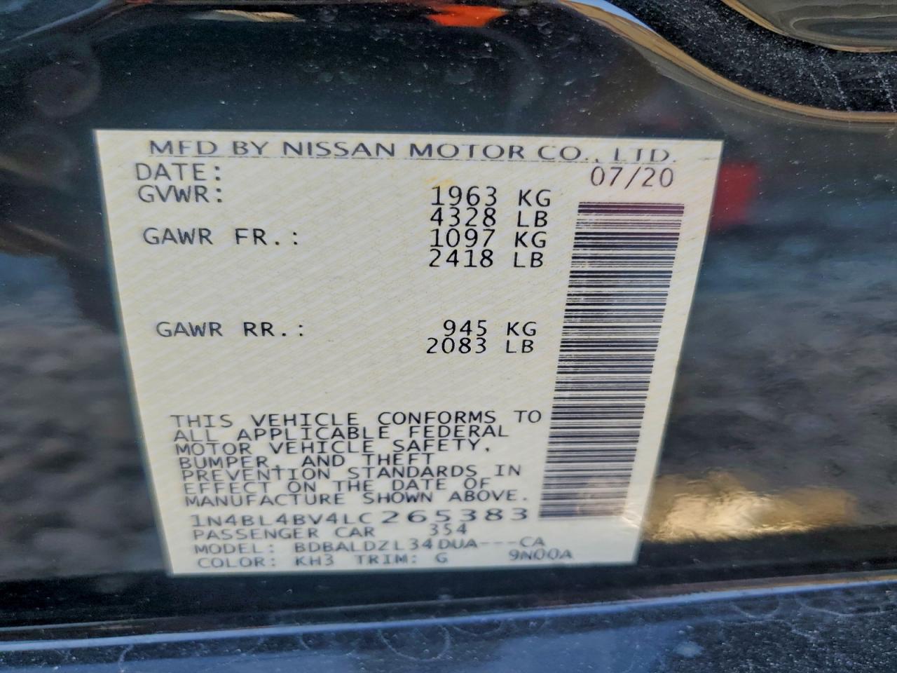 2020 Nissan Altima S VIN: 1N4BL4BV4LC265383 Lot: 93949995