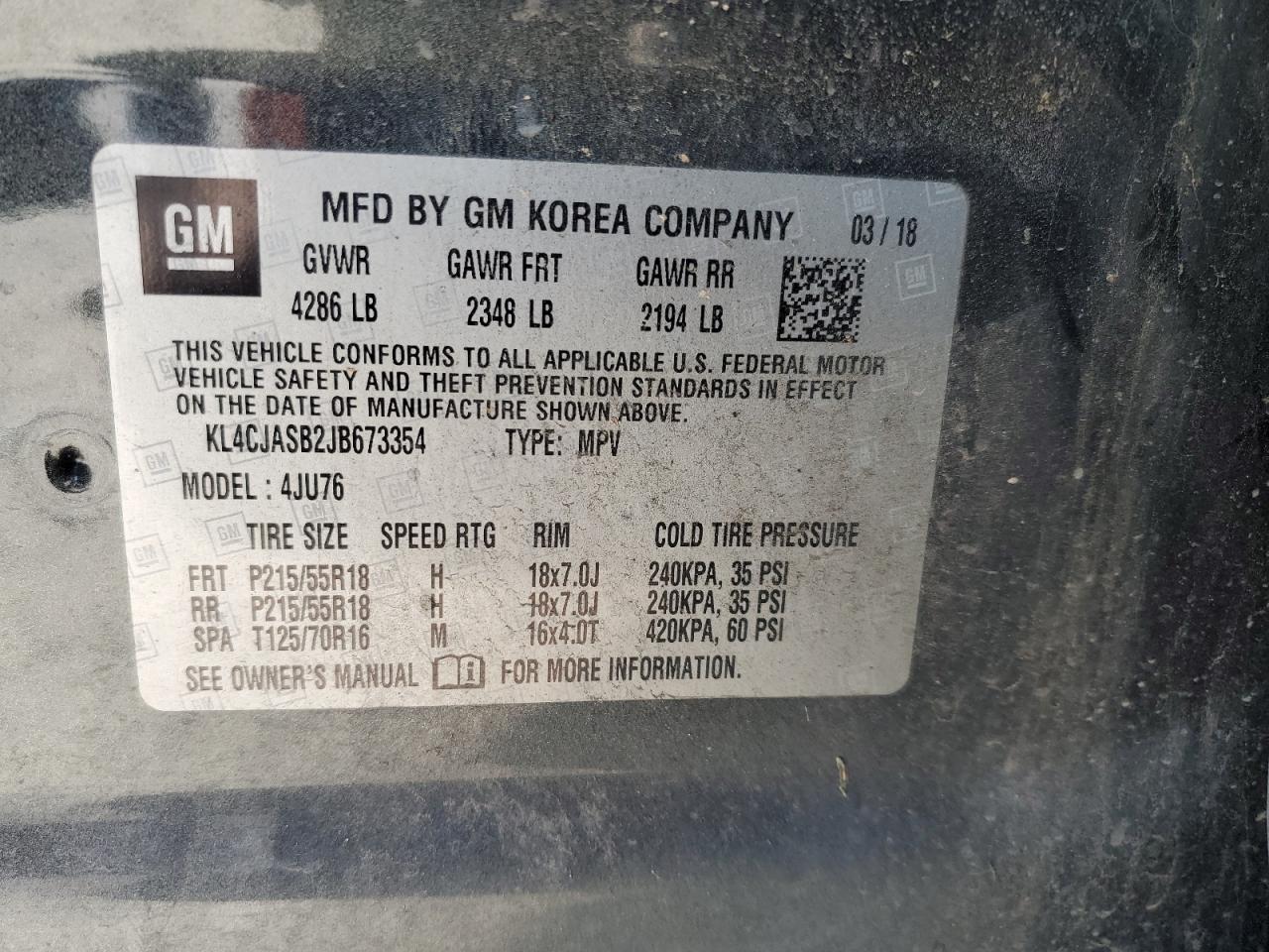 2018 Buick Encore Preferred VIN: KL4CJASB2JB673354 Lot: 92169255