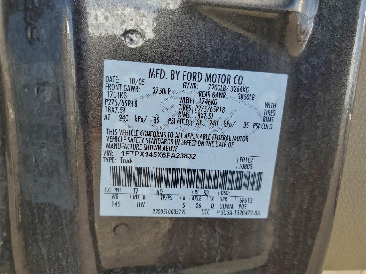 2006 Ford F150 VIN: 1FTPX145X6FA23832 Lot: 94358305