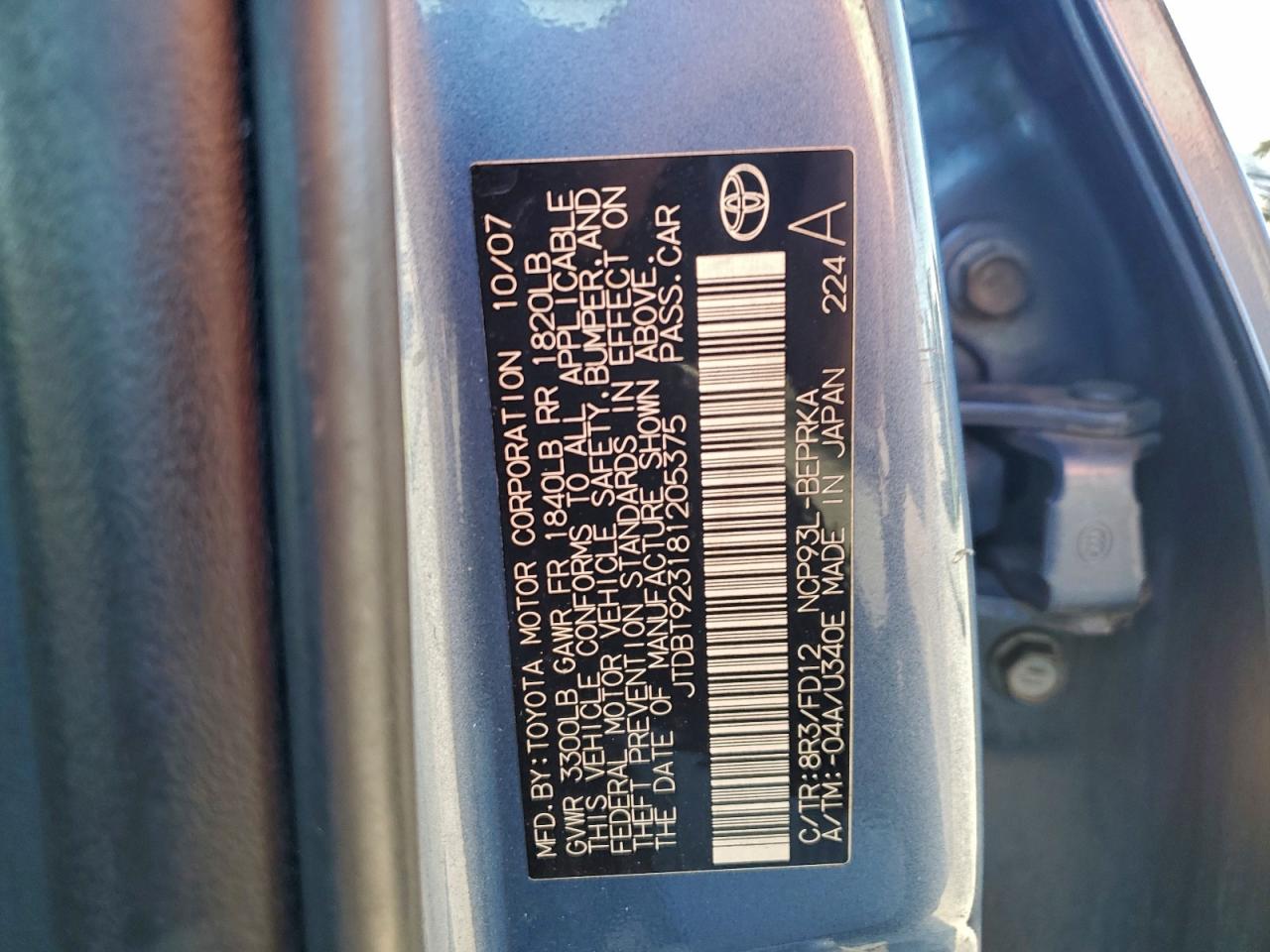 2008 Toyota Yaris VIN: JTDBT923181205375 Lot: 93999925