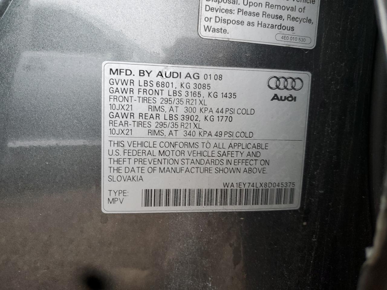 2008 Audi Q7 3.6 Quattro Premium S-Line VIN: WA1EY74LX8D045375 Lot: 93155085