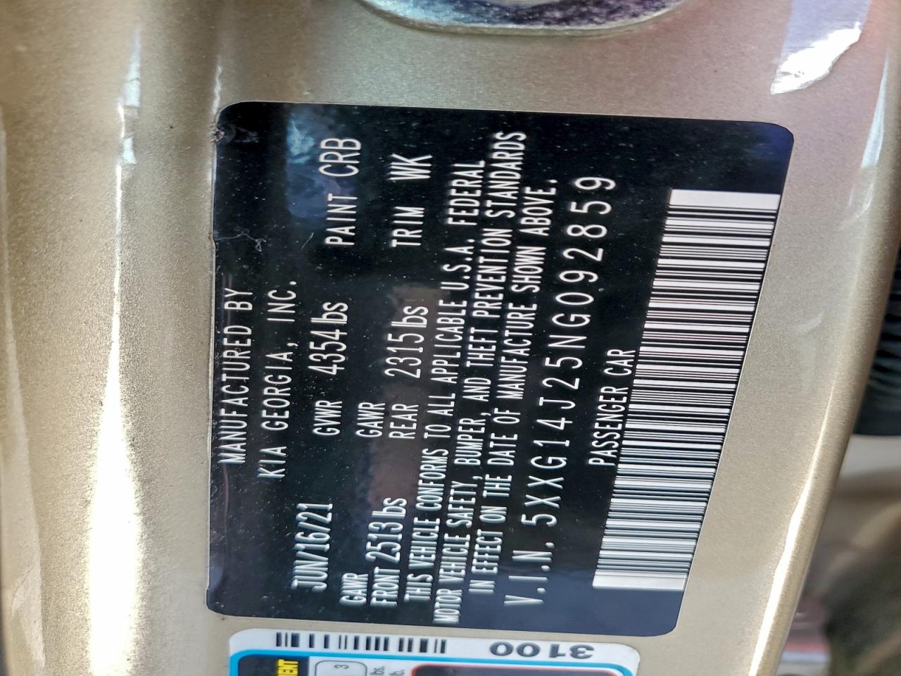 2022 Kia K5 Lxs VIN: 5XXG14J25NG092859 Lot: 94107865