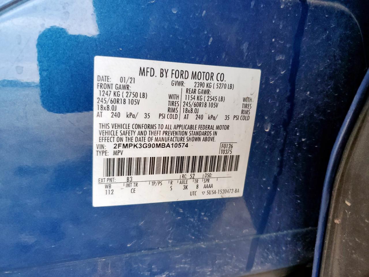 2021 Ford Edge Se VIN: 2FMPK3G90MBA10574 Lot: 92567165