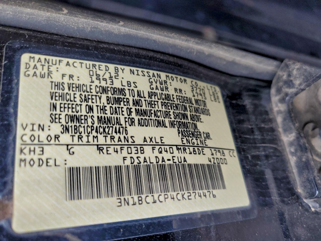 2012 Nissan Versa S VIN: 3N1BC1CP4CK274476 Lot: 85439325