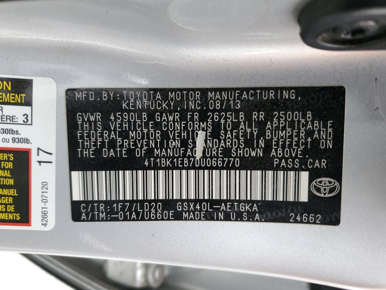 2013 Toyota Avalon Base VIN: 4T1BK1EB7DU066770 Lot: 92493755