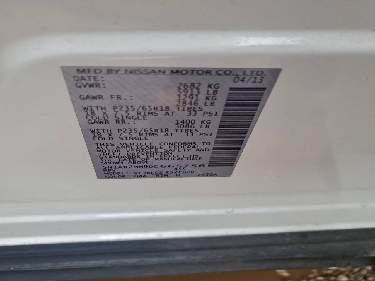 2013 Nissan Pathfinder S VIN: 5N1AR2MM9DC665756 Lot: 93341435