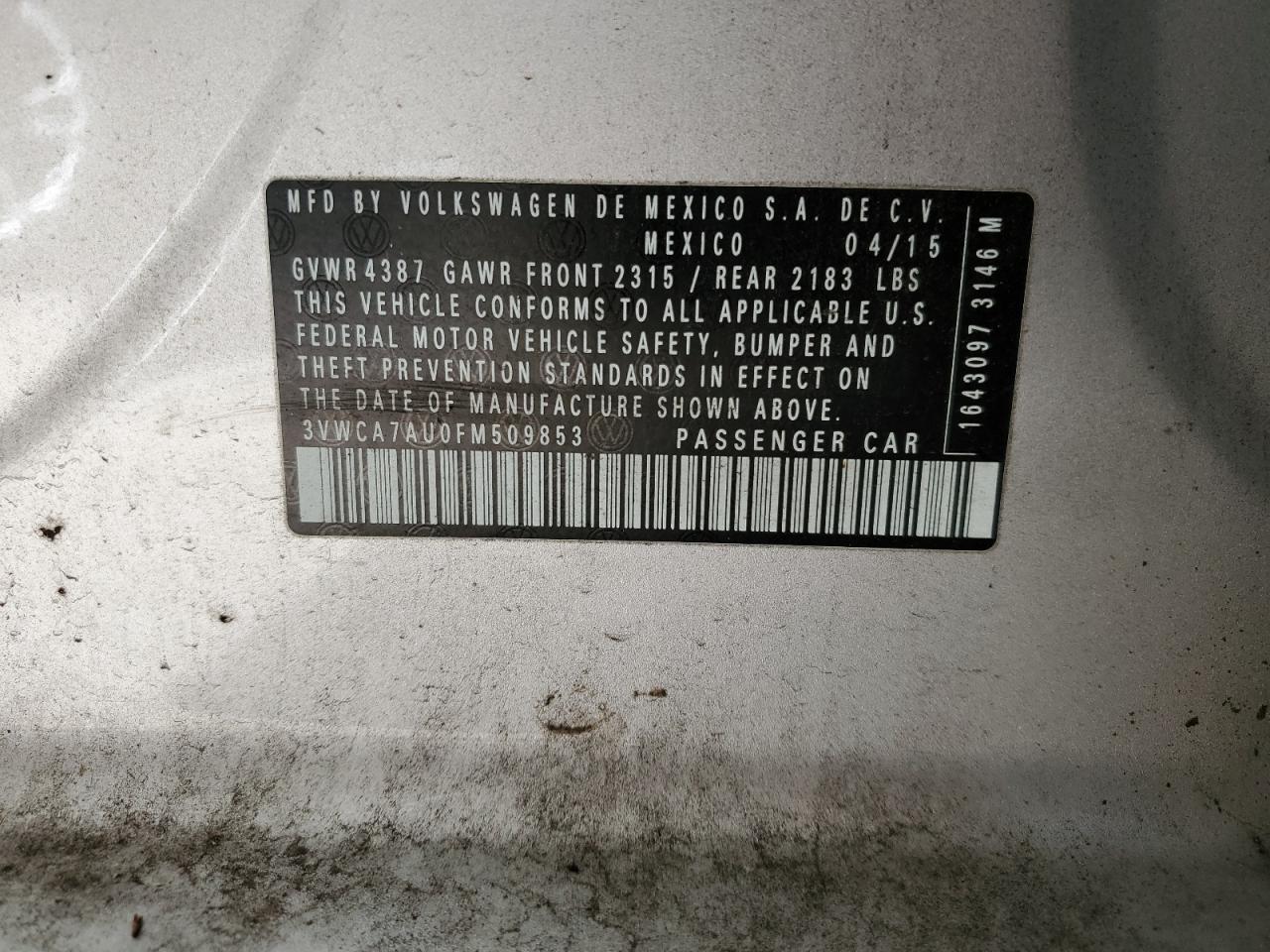 2015 Volkswagen Golf Sportwagen Tdi S VIN: 3VWCA7AU0FM509853 Lot: 92372975