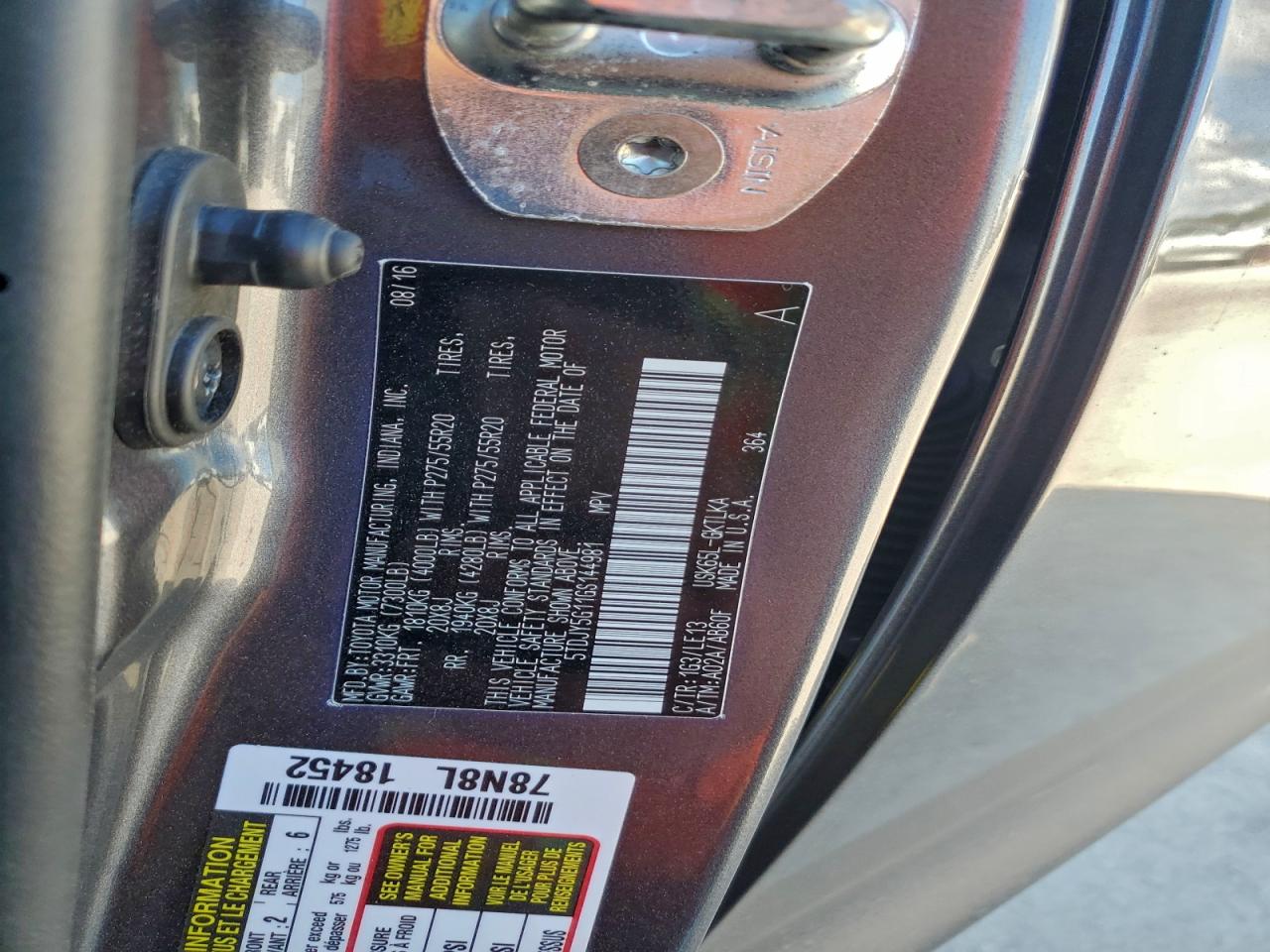 2016 Toyota Sequoia Limited VIN: 5TDJY5G11GS144981 Lot: 94333725