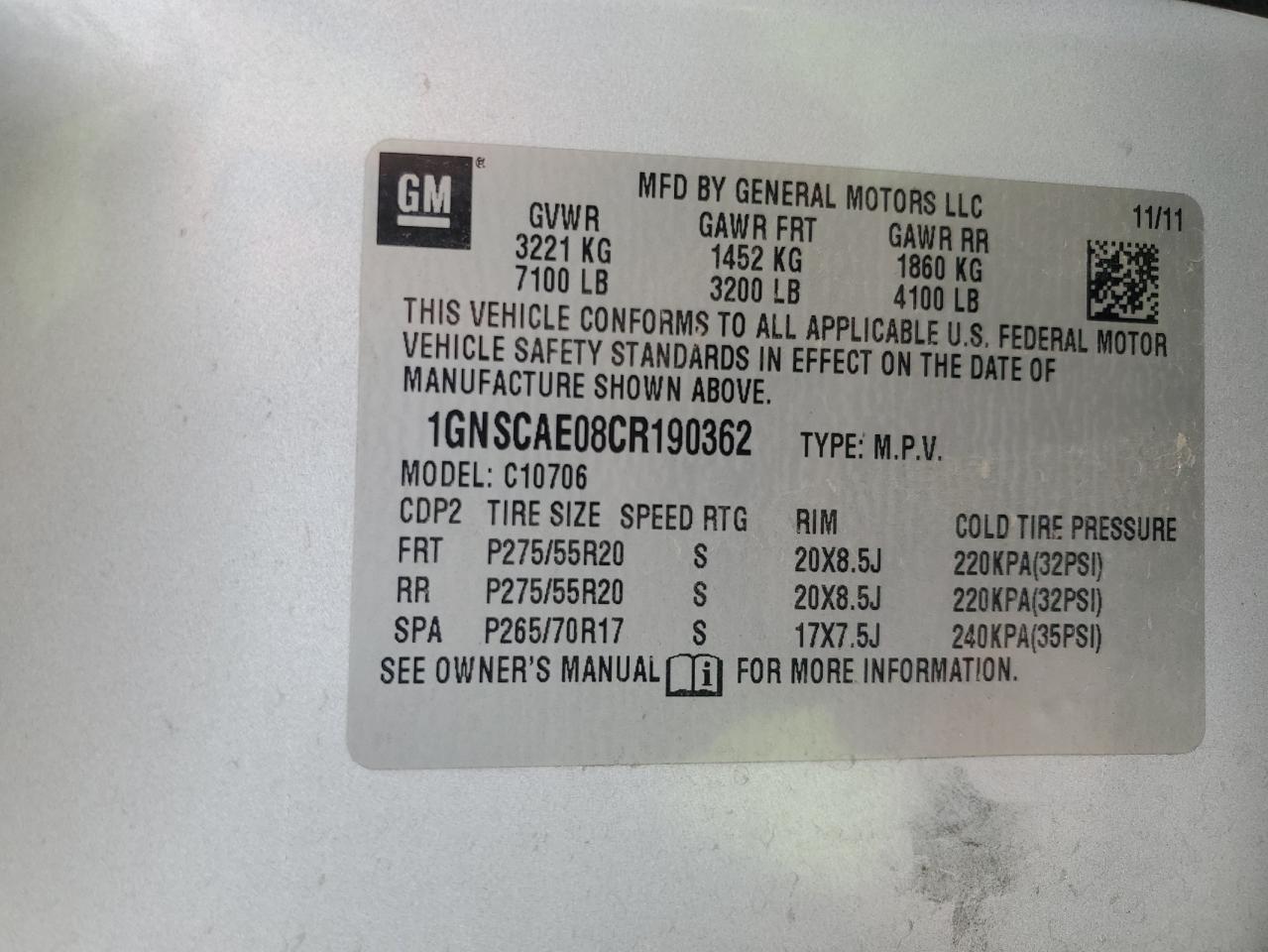 2012 Chevrolet Tahoe C1500 Ls VIN: 1GNSCAE08CR190362 Lot: 91343975