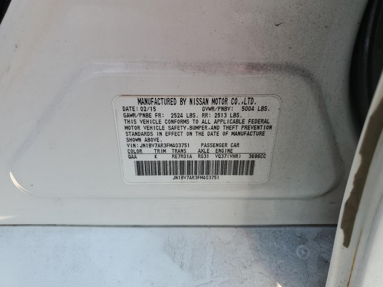 2015 Infiniti Q50 Base VIN: JN1BV7AR3FM403751 Lot: 93948335