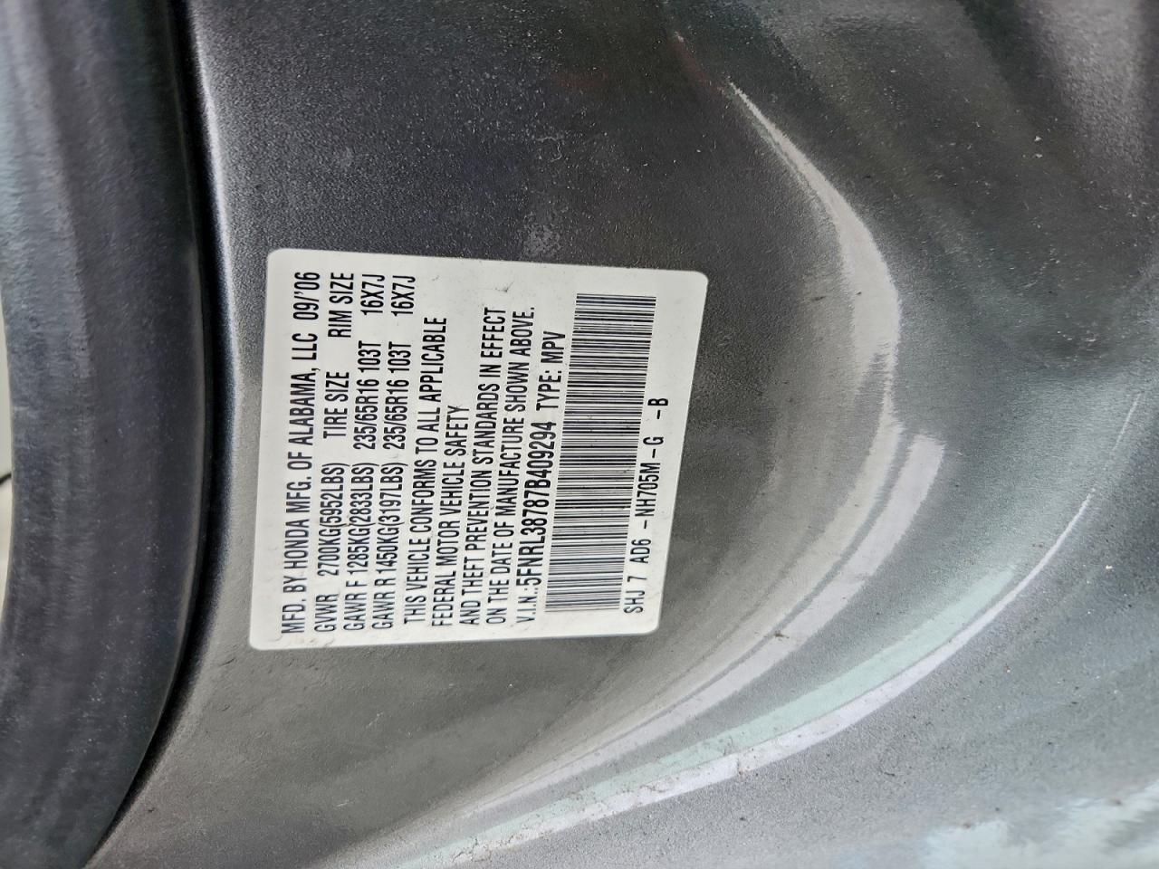 2007 Honda Odyssey Exl VIN: 5FNRL38787B409294 Lot: 93181495