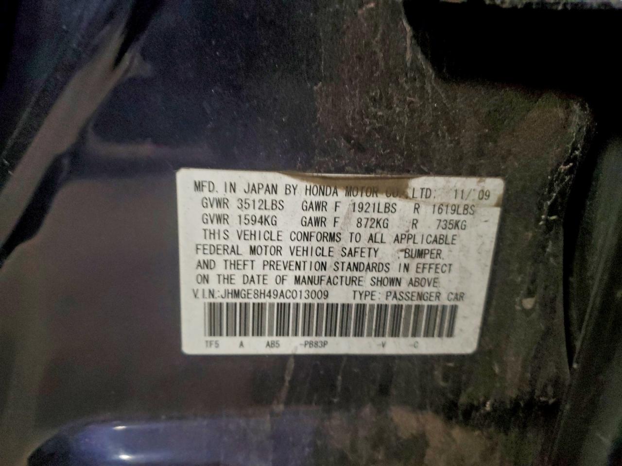 2010 Honda Fit Sport VIN: JHMGE8H49AC013009 Lot: 93919755