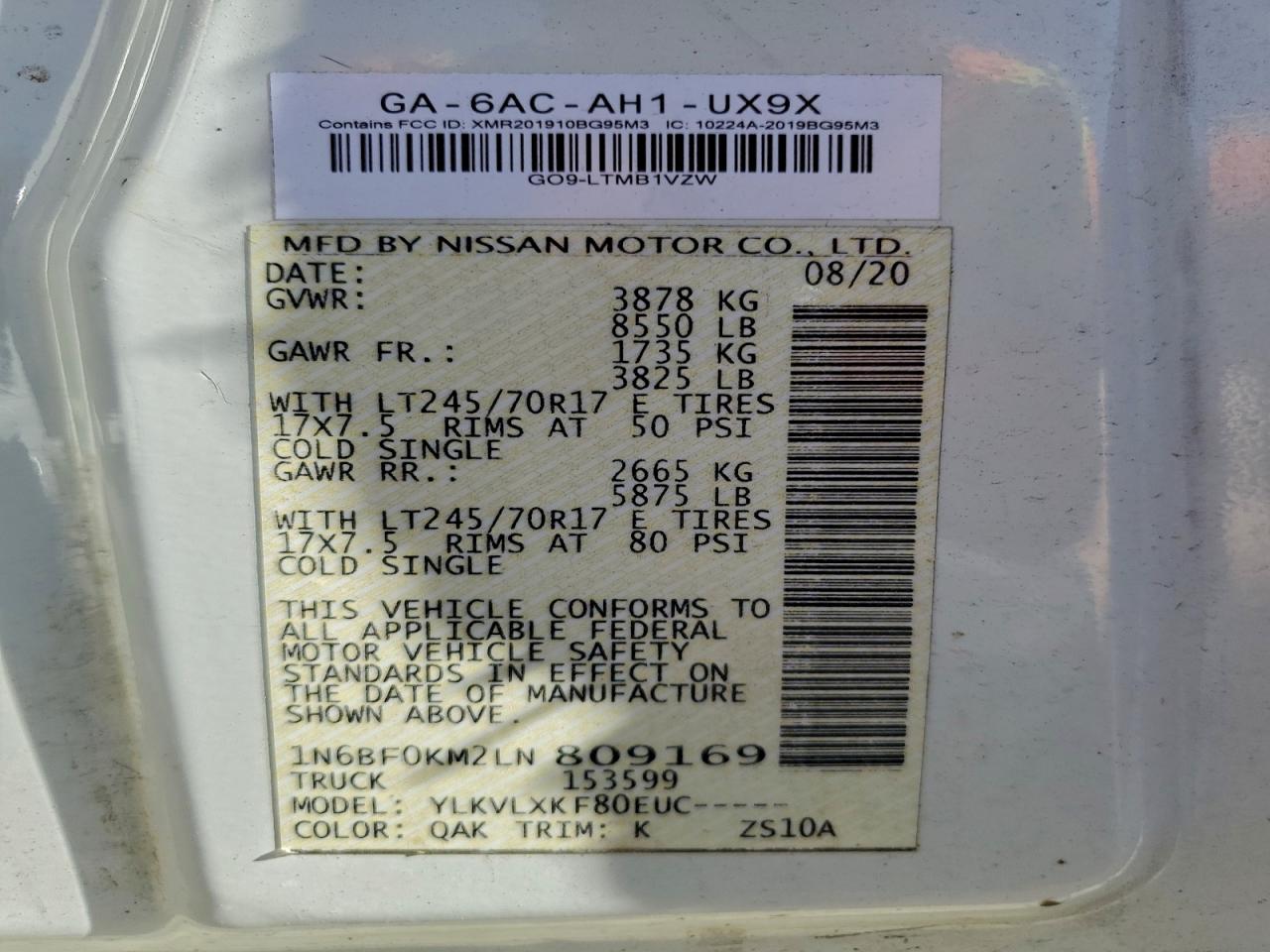 2020 Nissan Nv 1500 S VIN: 1N6BF0KM2LN809169 Lot: 94156235