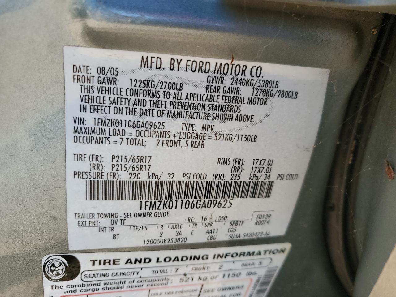 2006 Ford Freestyle Se VIN: 1FMZK01106GA09625 Lot: 91432385