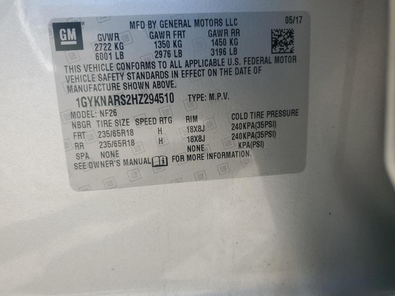 2017 Cadillac Xt5 VIN: 1GYKNARS2HZ294510 Lot: 92780525