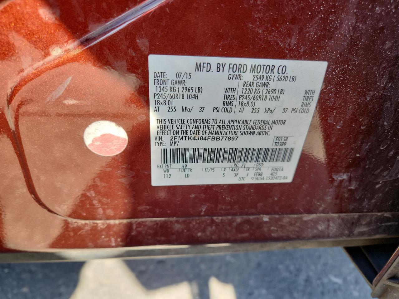 2015 Ford Edge Sel VIN: 2FMTK4J84FBB77897 Lot: 91437145