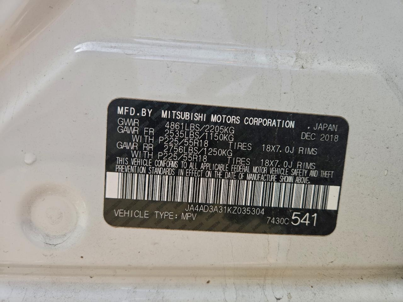 2019 Mitsubishi Outlander Se VIN: JA4AD3A31KZ035304 Lot: 93885455