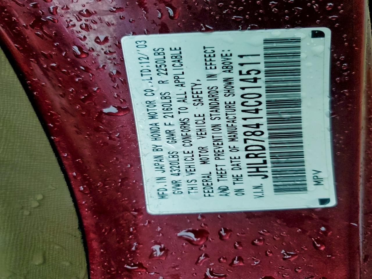 2004 Honda Cr-V Lx VIN: JHLRD78414C014511 Lot: 93774915