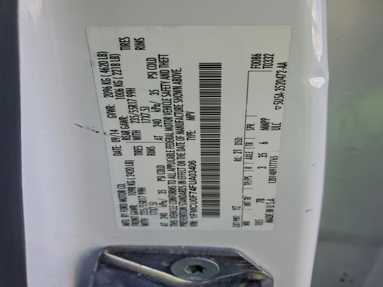 2015 Ford Escape S VIN: 1FMCU0F74FUA03406 Lot: 93087355