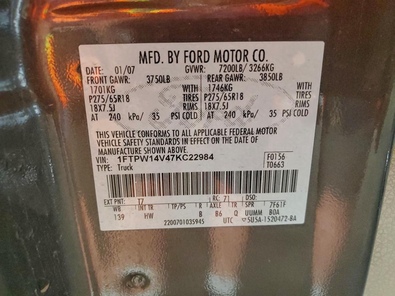 2007 Ford F150 Supercrew VIN: 1FTPW14V47KC22984 Lot: 94311395