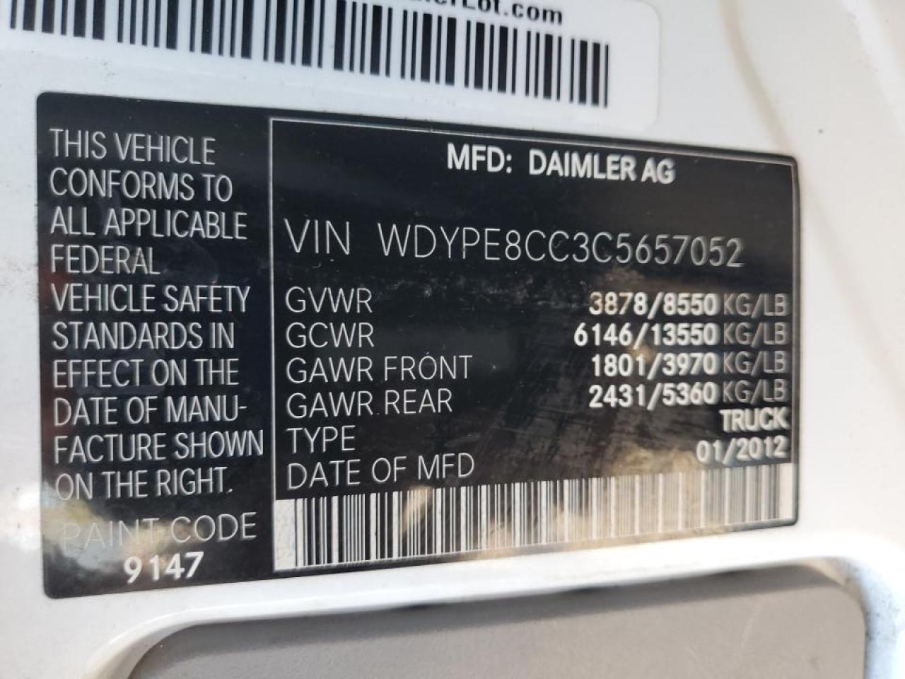 2012 Mercedes Benz 2500 Sprinter Delivery Van VIN: WDYPE8CC3C5657052 Lot: 91164185