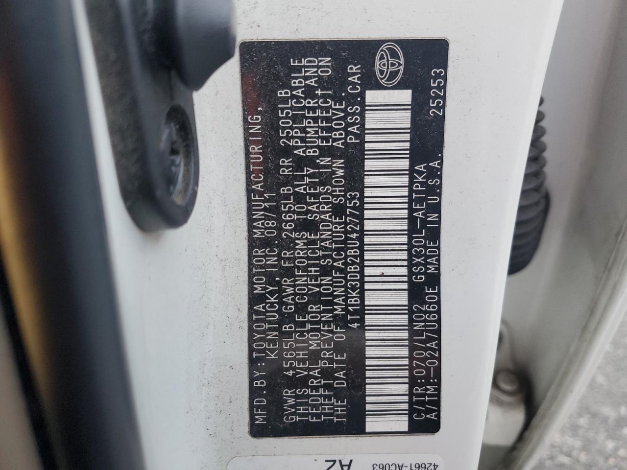 2011 Toyota Avalon Base VIN: 4T1BK3DB2BU427753 Lot: 91385605