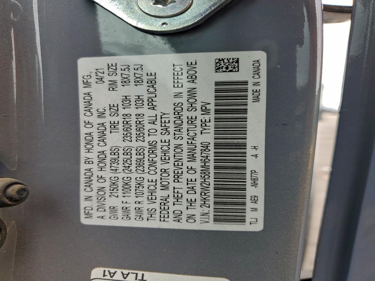 2021 Honda Cr-V Ex VIN: 2HKRW2H58MH647840 Lot: 94099585