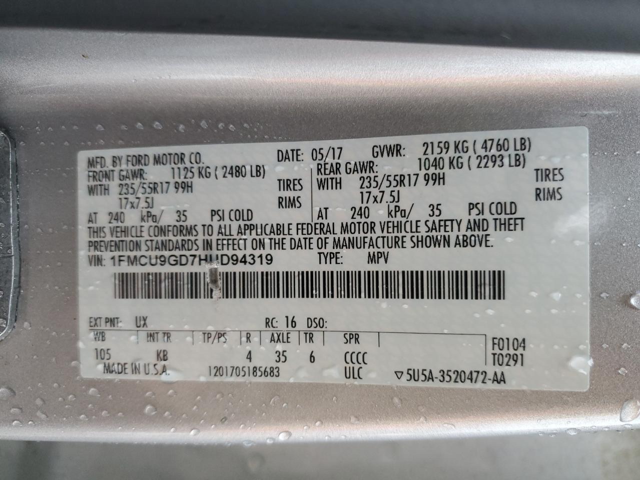 2017 Ford Escape Se VIN: 1FMCU9GD7HUD94319 Lot: 93619595