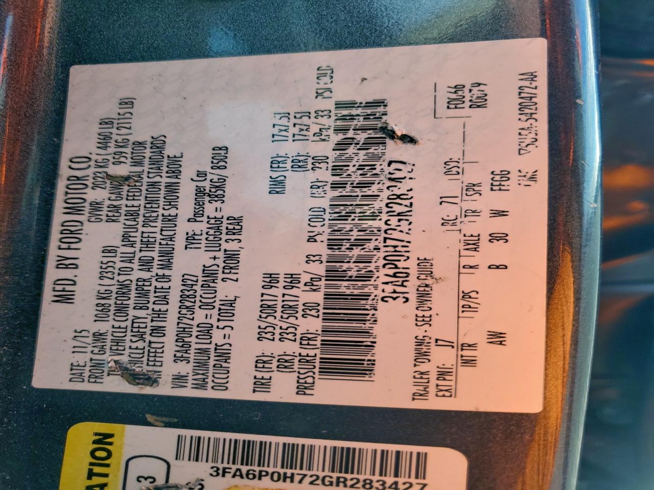 2016 Ford Fusion Se VIN: 3FA6P0H72GR283427 Lot: 94314855