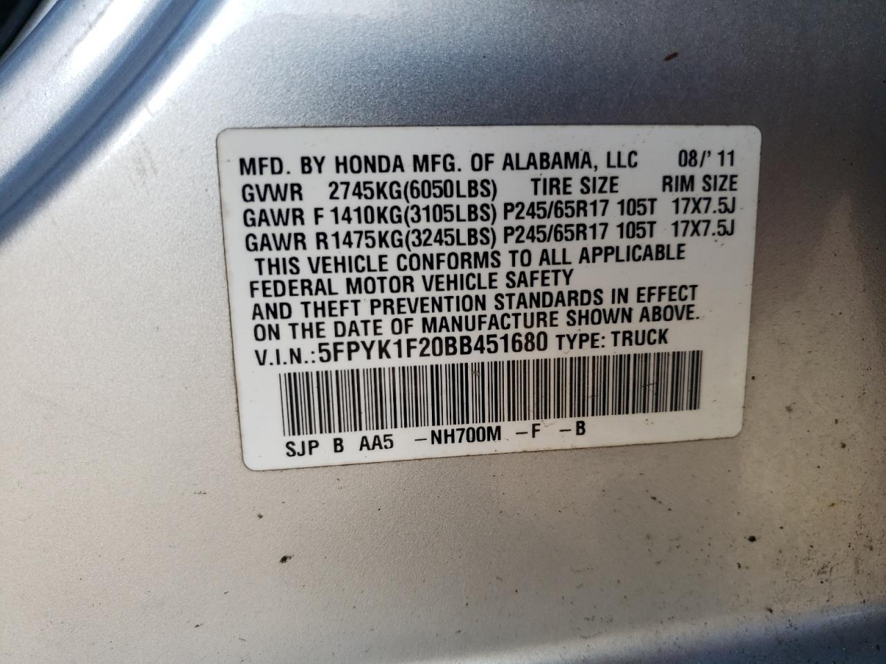 2011 Honda Ridgeline Rt VIN: 5FPYK1F20BB451680 Lot: 92837655