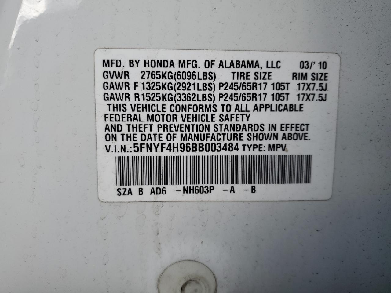 2011 Honda Pilot Touring VIN: 5FNYF4H96BB003484 Lot: 92462395