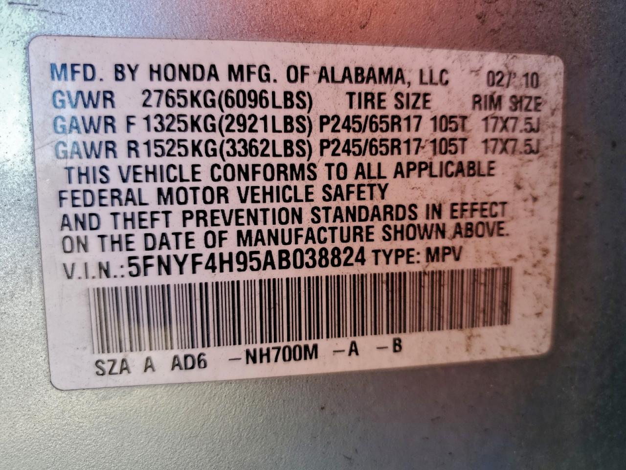 2010 Honda Pilot Touring VIN: 5FNYF4H95AB038824 Lot: 94290045