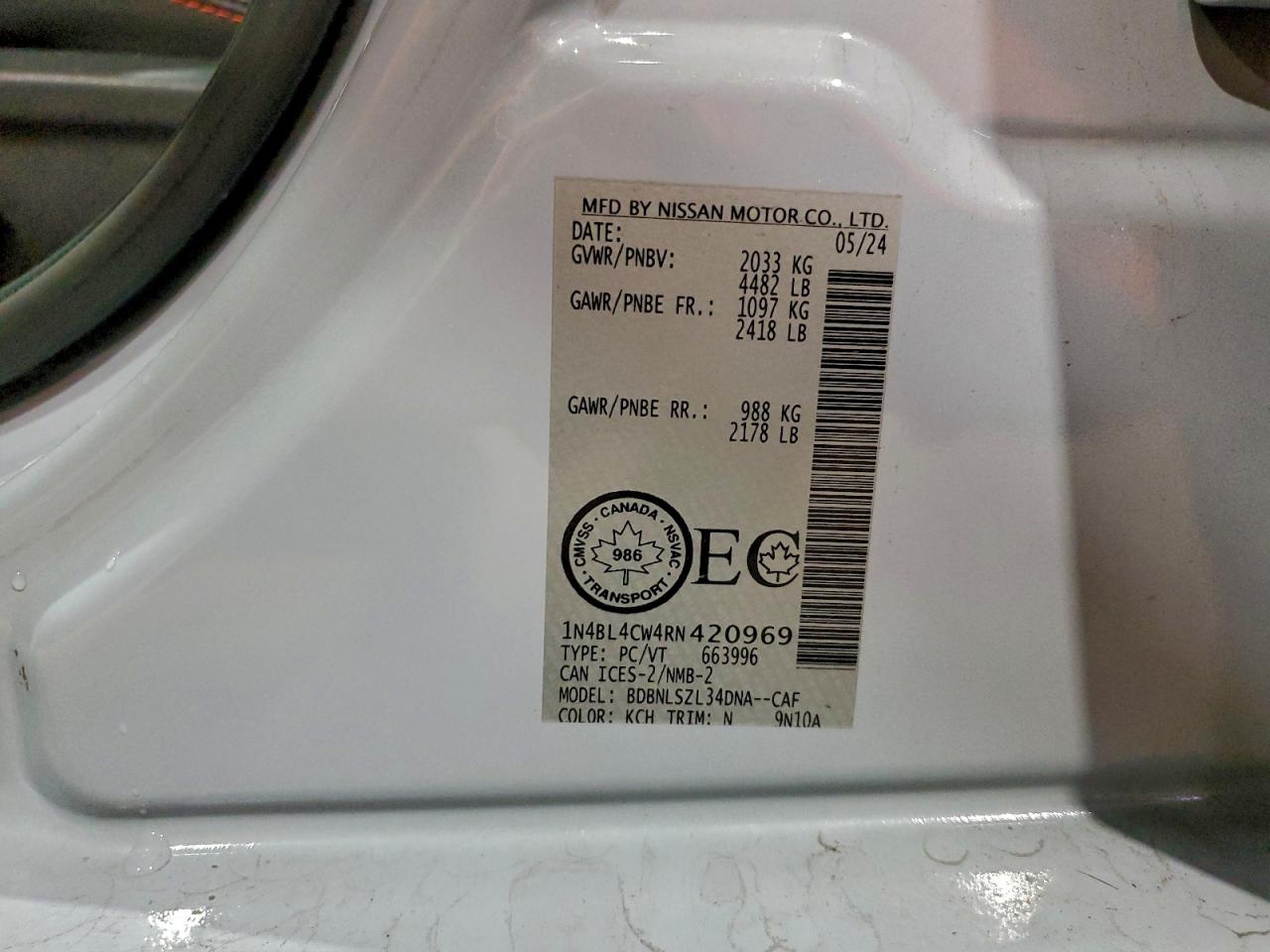 2024 Nissan Altima Sr VIN: 1N4BL4CW4RN420969 Lot: 94159065